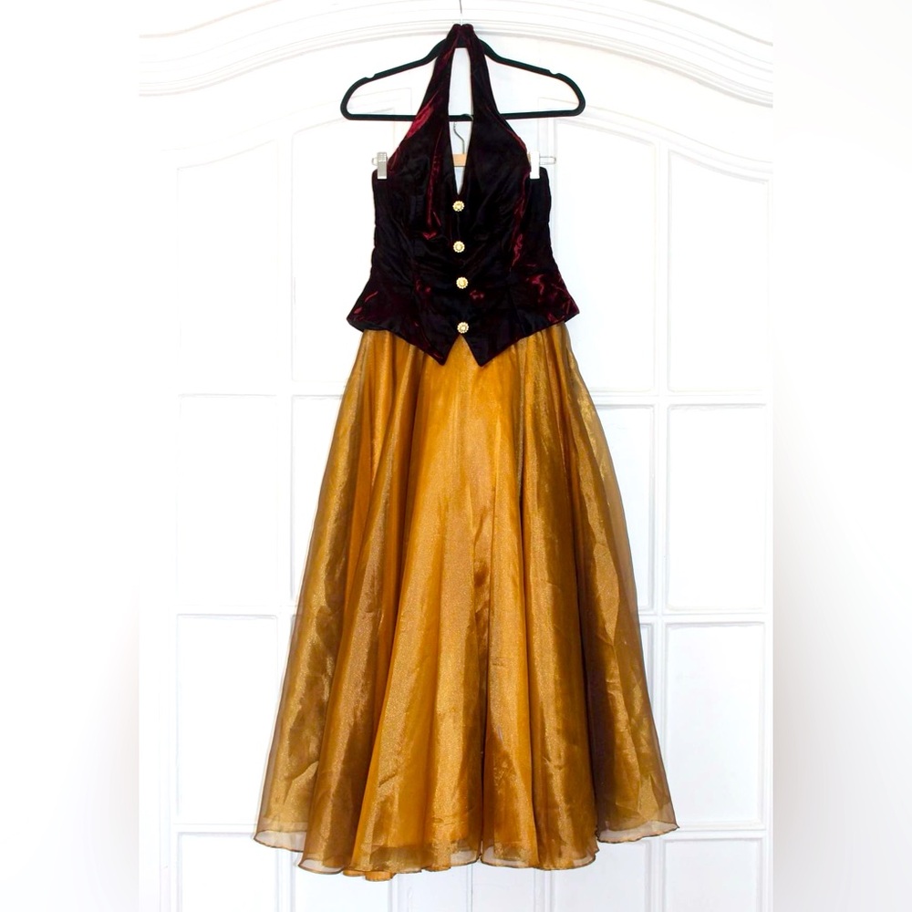 Dave & Johnny Vintage Velvet and Gold Dress with Sparkle Buttons Full Length